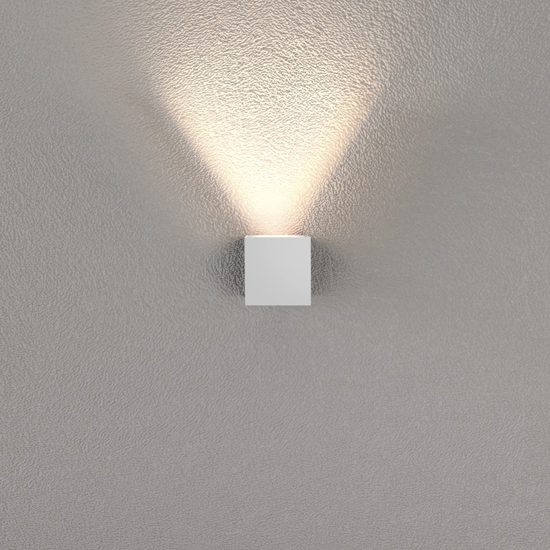 Eine quadratische, weiß an der Wand montierte Leuchte mit einem Lichtstrahl.