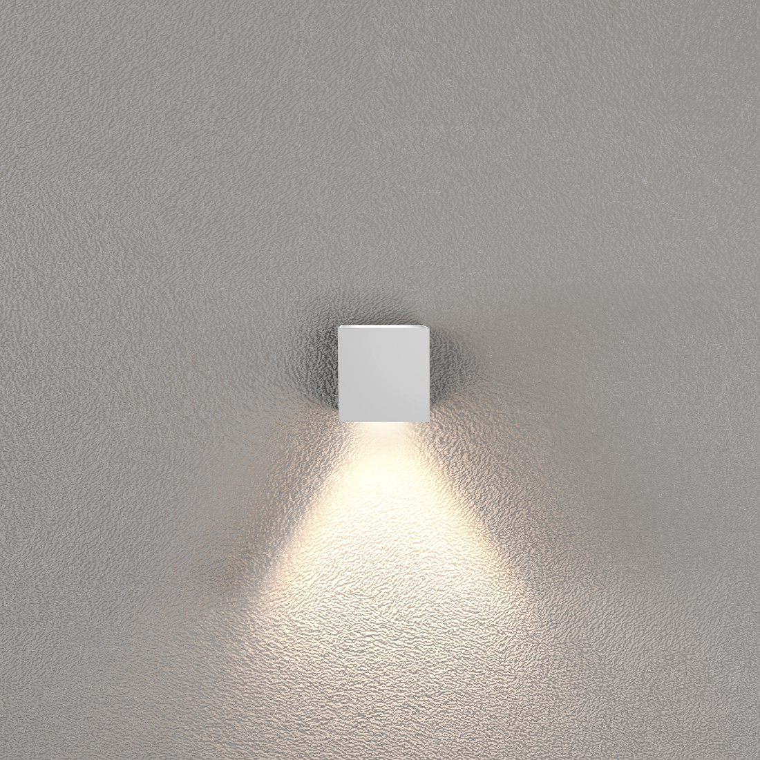 Weißer quadratischer Wandstrahler mit Abwärtsstrahl. Graue strukturierte Wand.