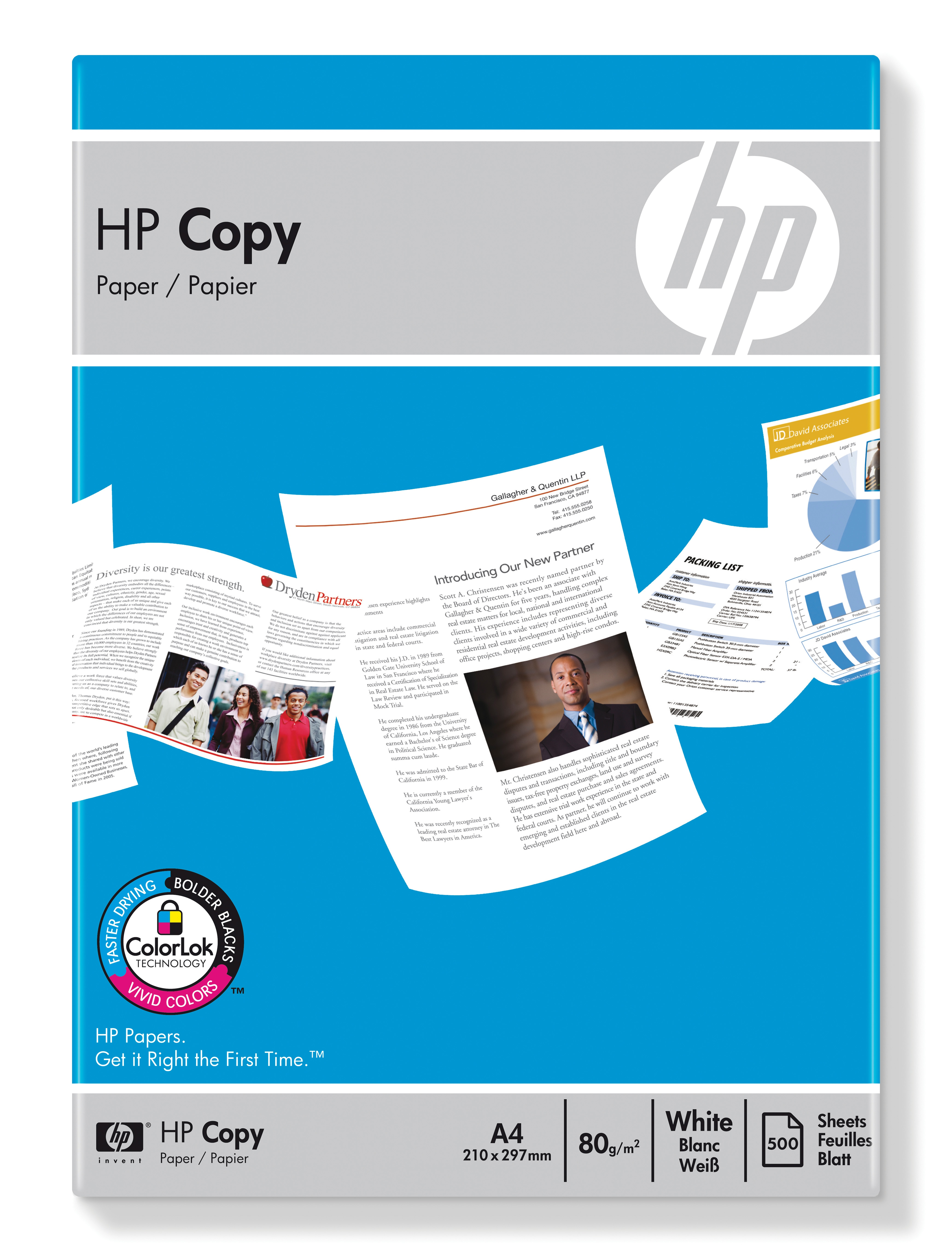 HP Copy Papierpackung. Dokumente und ein Logo sind sichtbar.