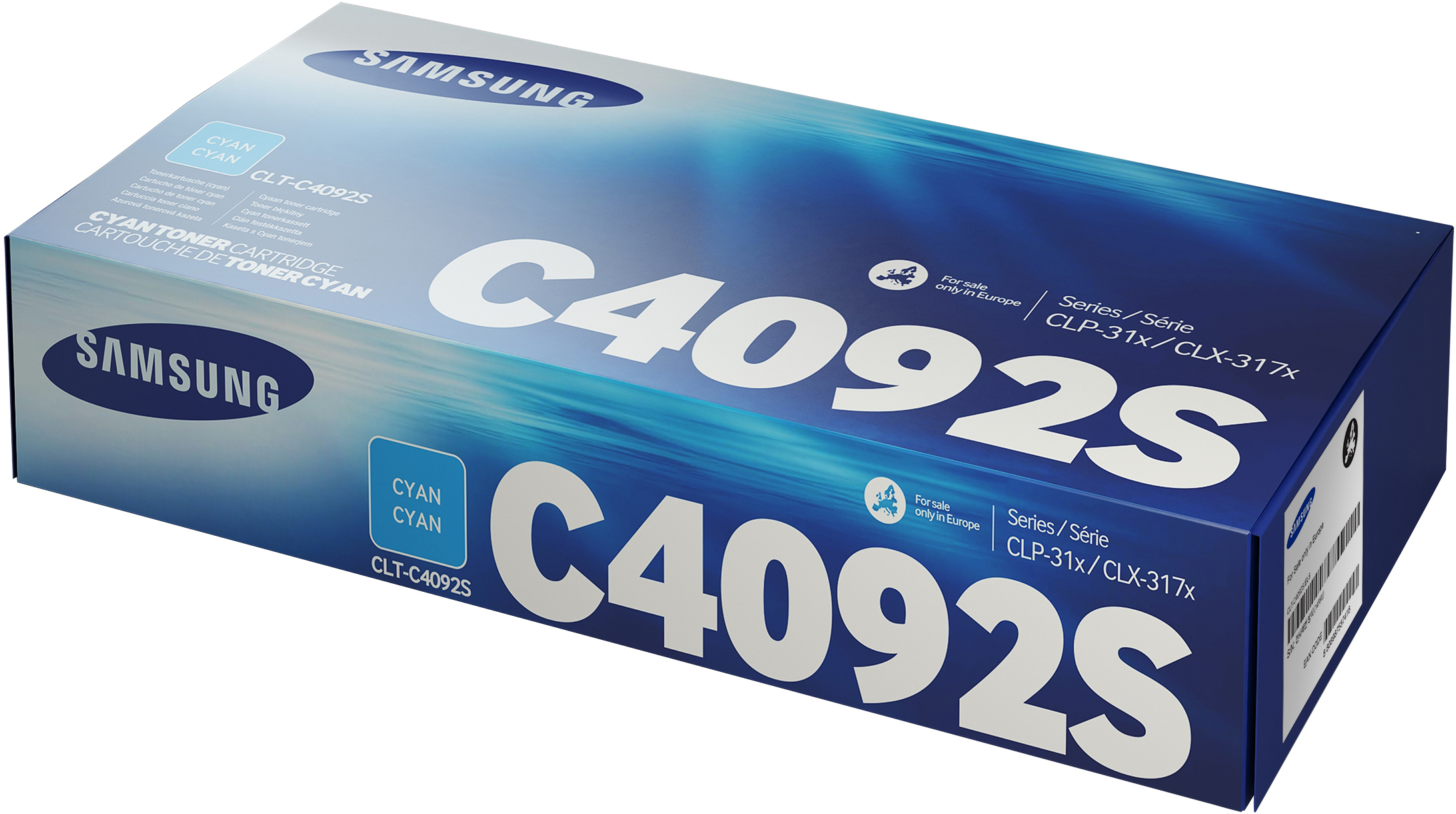 Eine blaue Samsung CLT-C4092S Cyan-Tonerpatronenbox mit weißem Text und dem Samsung-Logo.