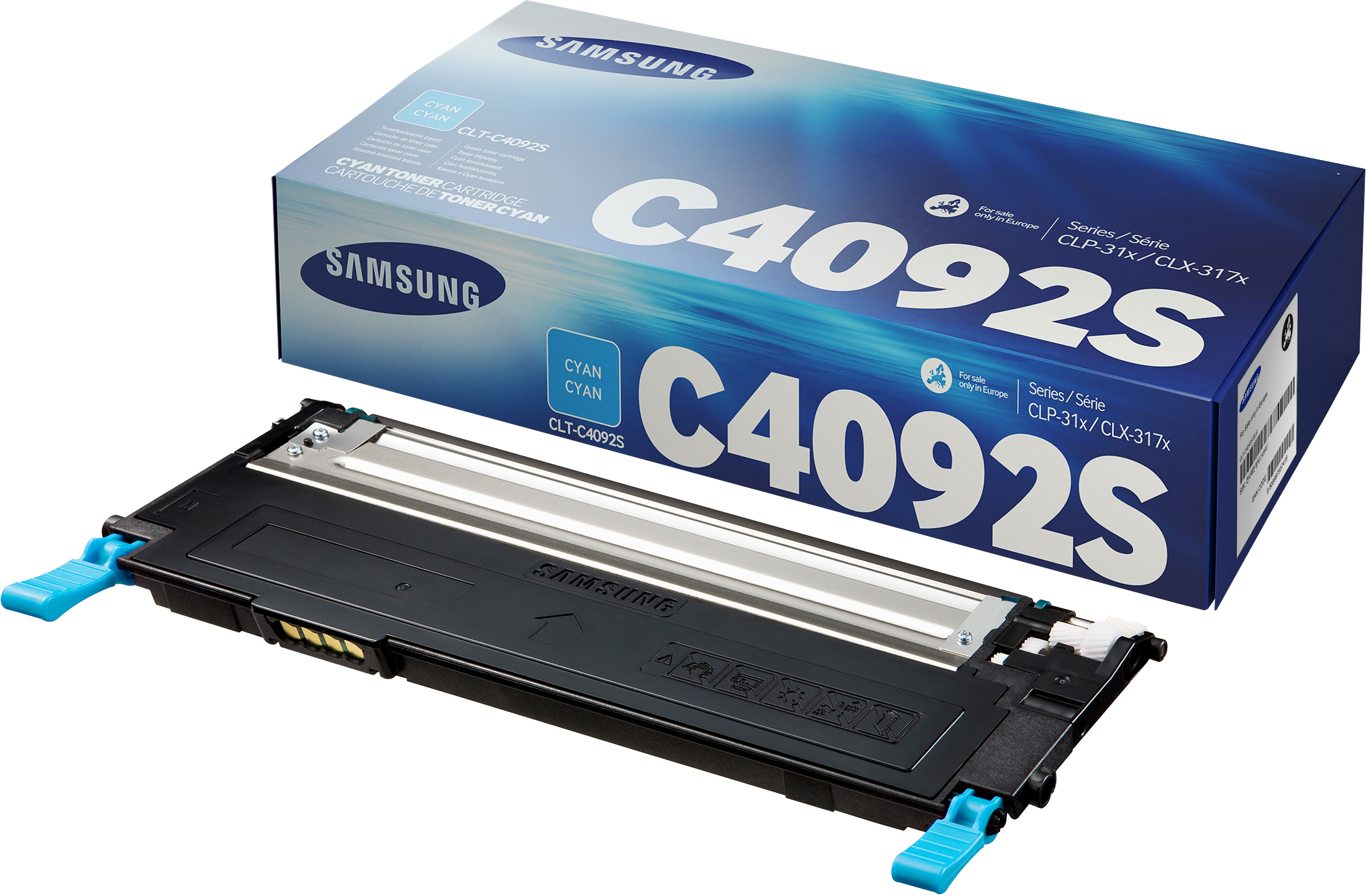 Eine Samsung-Tonerkartuschenbox und die Kartusche selbst. Die Box ist blau mit weißem Text. Die Kartusche ist schwarz mit blauen Akzenten.