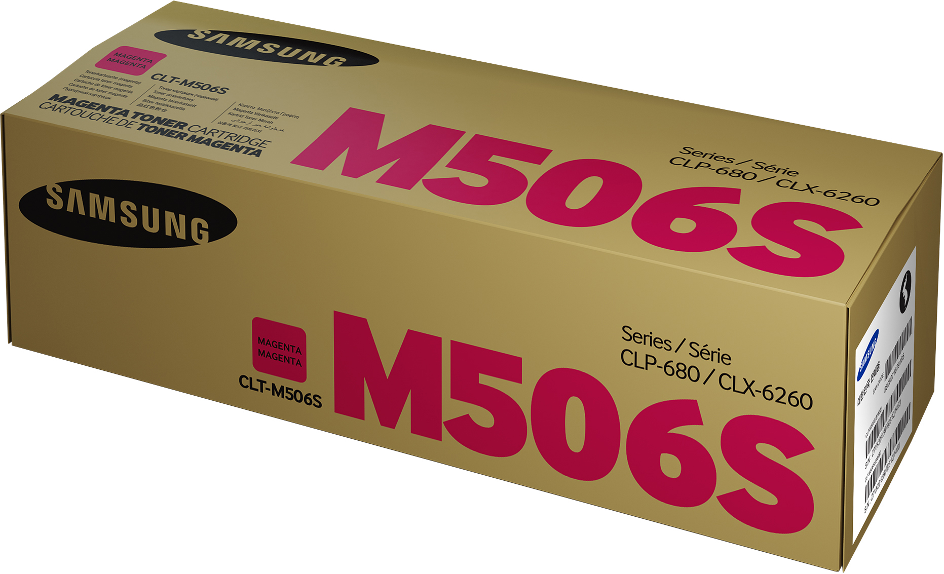 Eine goldfarbene Samsung-Tonerpatronenbox mit magenta Schrift. Enthält "M506S" und "Magenta Toner Cartridge".
