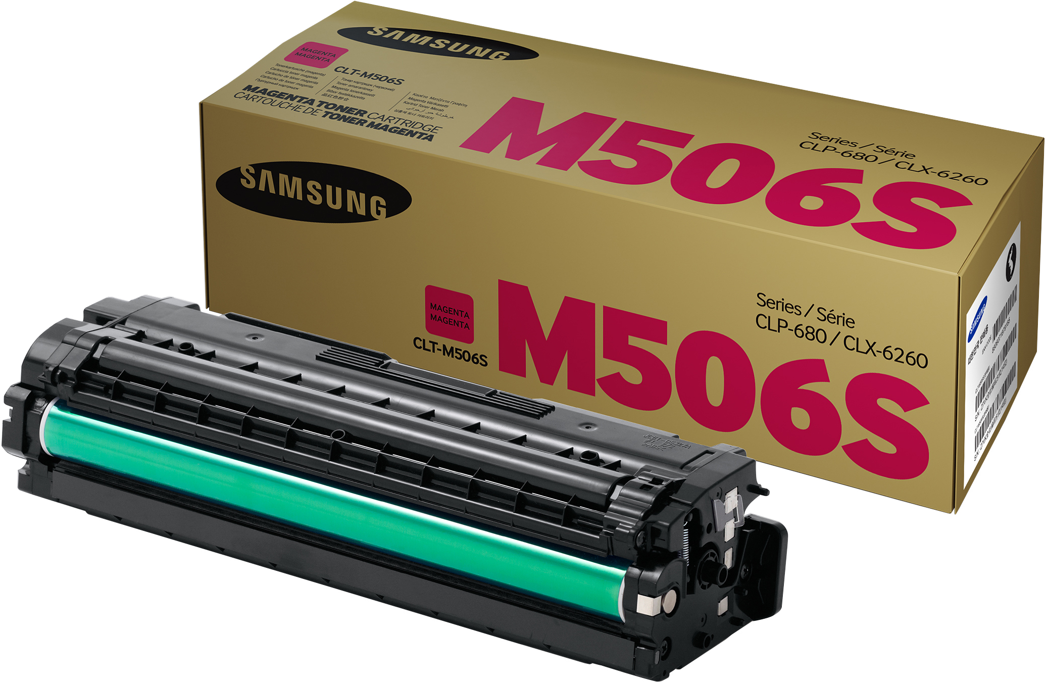 Eine Samsung Magenta-Tonerkartusche und ihre Box. Die Box ist goldfarben mit magenta Text. Die Kartusche ist schwarz mit einer grünen Rolle.