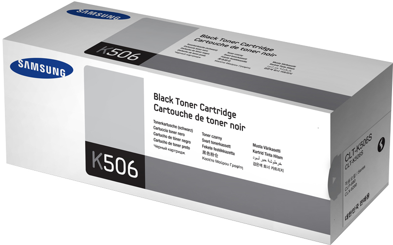 Eine Samsung-Schwarztonerpatronenbox mit Produktnamen und Modellnummer K506, Text in mehreren Sprachen.