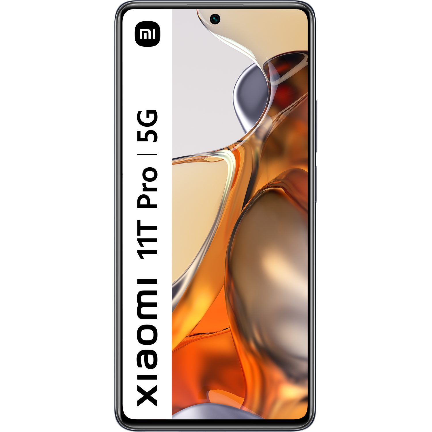 Teléfono Xiaomi 11T Pro 5G sobre fondo blanco. Pantalla grande muestra gradientes de color.