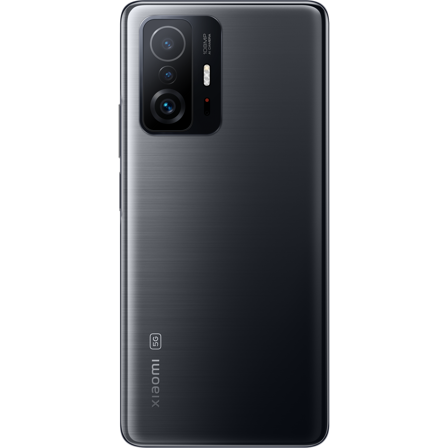 Smartphone negro. Visible la parte trasera, con varias cámaras arriba y un logo 5G.