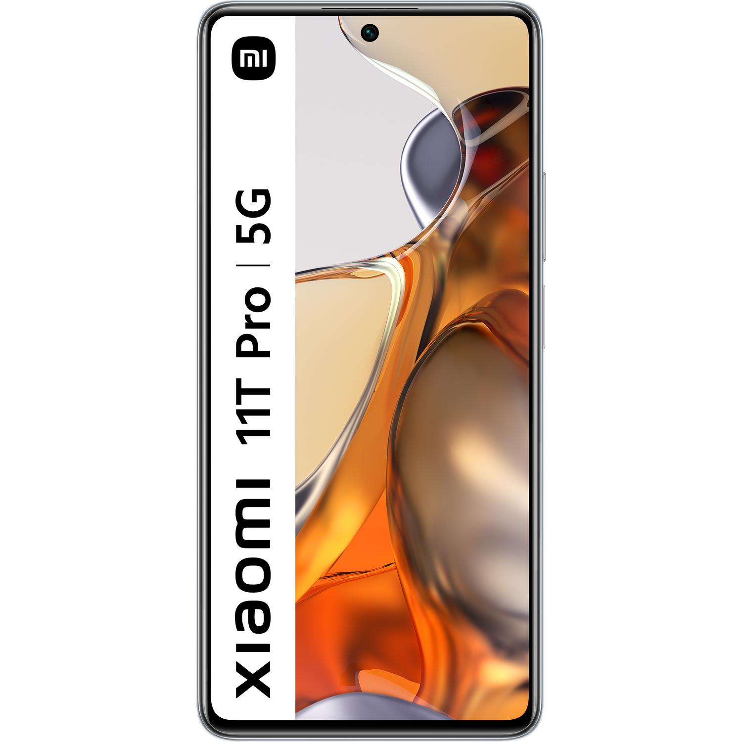 Smartphone Xiaomi 11T Pro 5G, marco plateado, parte trasera reflectante naranja-dorado.