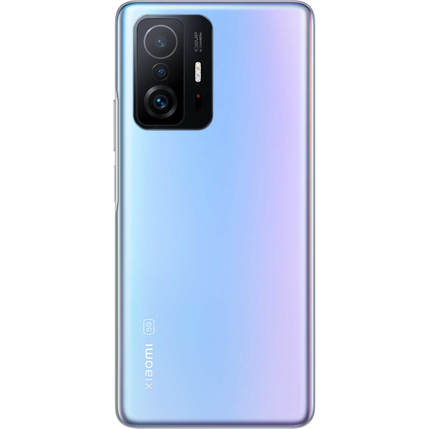 Parte trasera de un teléfono Xiaomi 5G azul claro con tres cámaras y flash. El teléfono está sobre una superficie blanca.