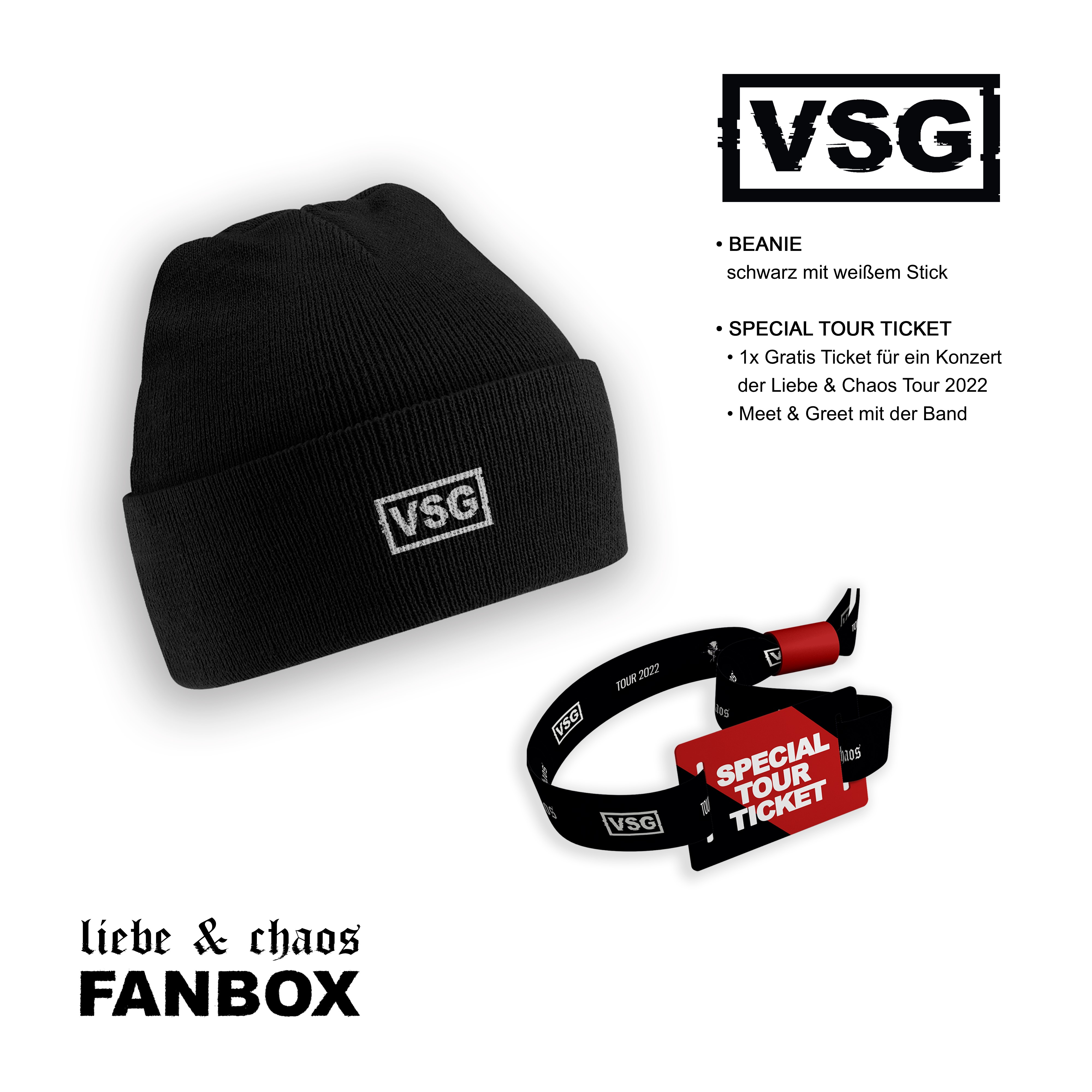 Schwarze Mütze und ein Armband mit Text auf weißer Oberfläche, mit Text über eine Fanbox.