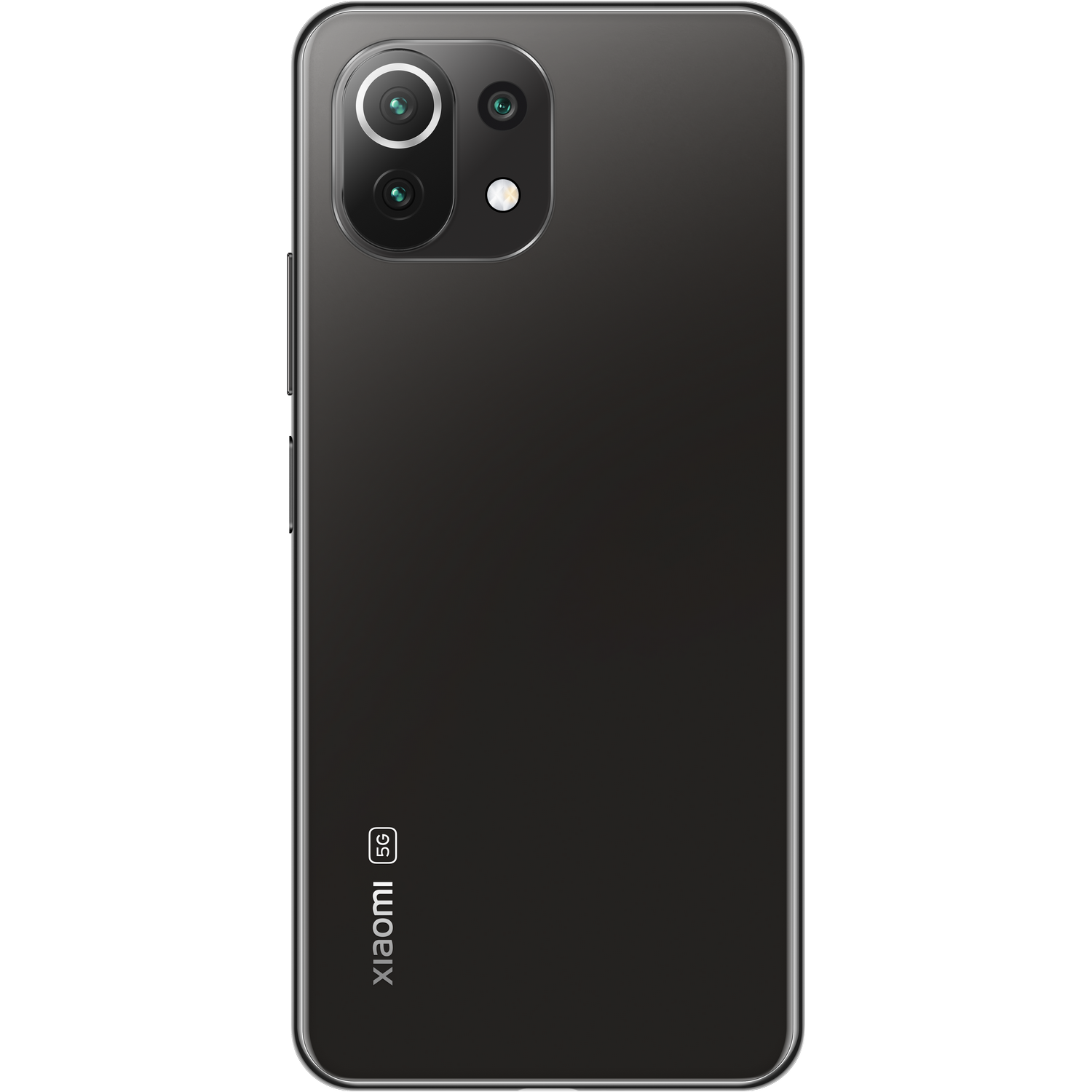 Smartphone Xiaomi 5G negro, vista trasera, con lentes de cámara y logotipo.