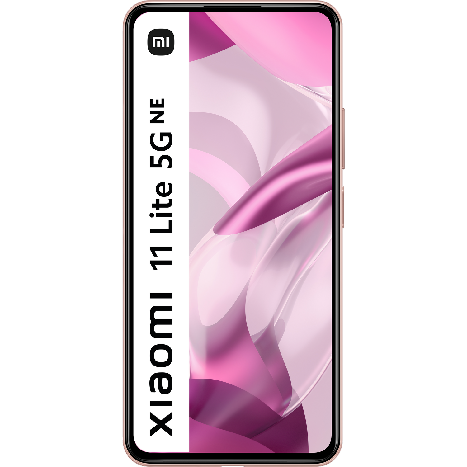 Smartphone Xiaomi 11 Lite 5G NE oro rosa, vista vertical. Fondo abstracto rosa y blanco.