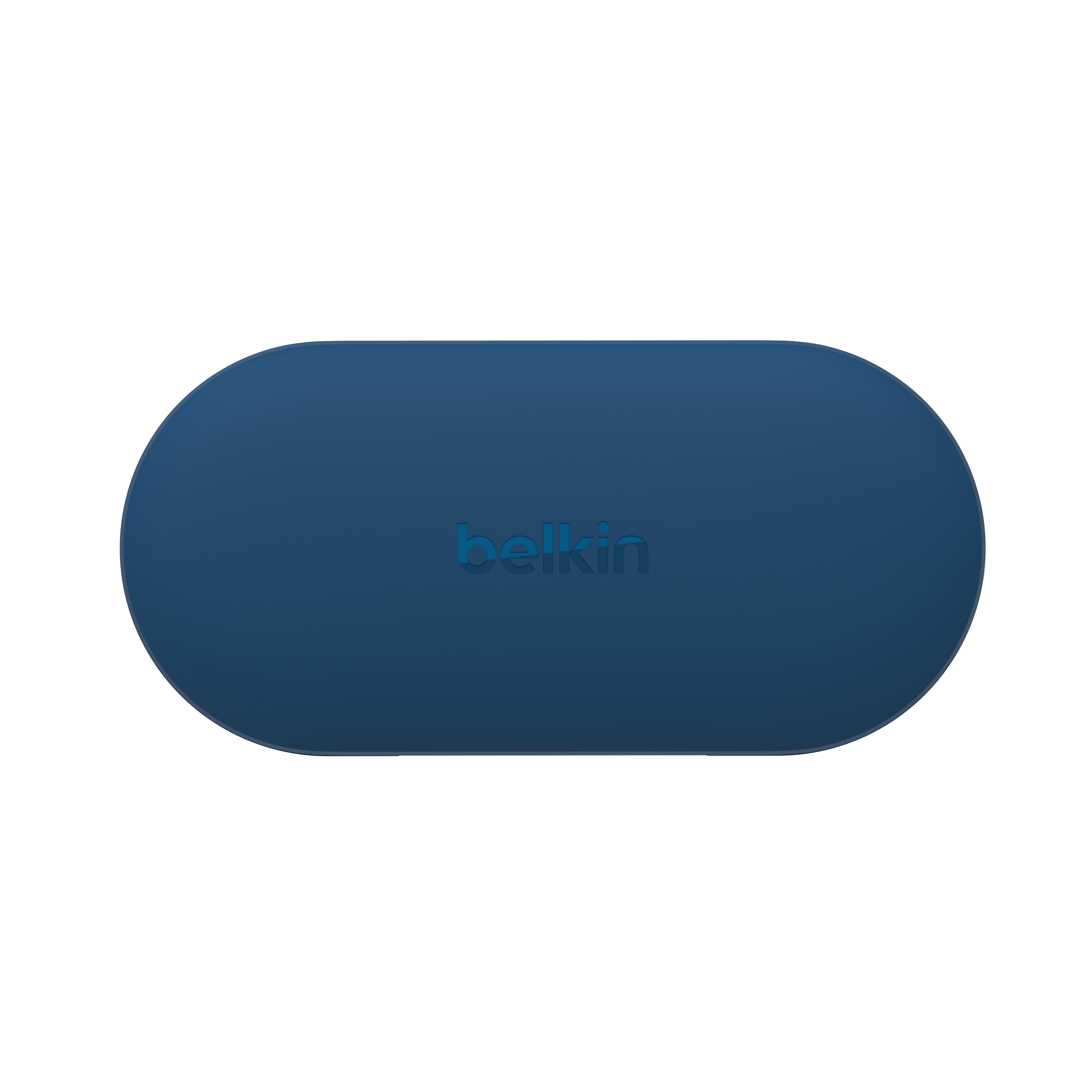 Mavi Belkin şarj pedi. Oval şekil ve beyaz zemin üzerinde Belkin logosu.