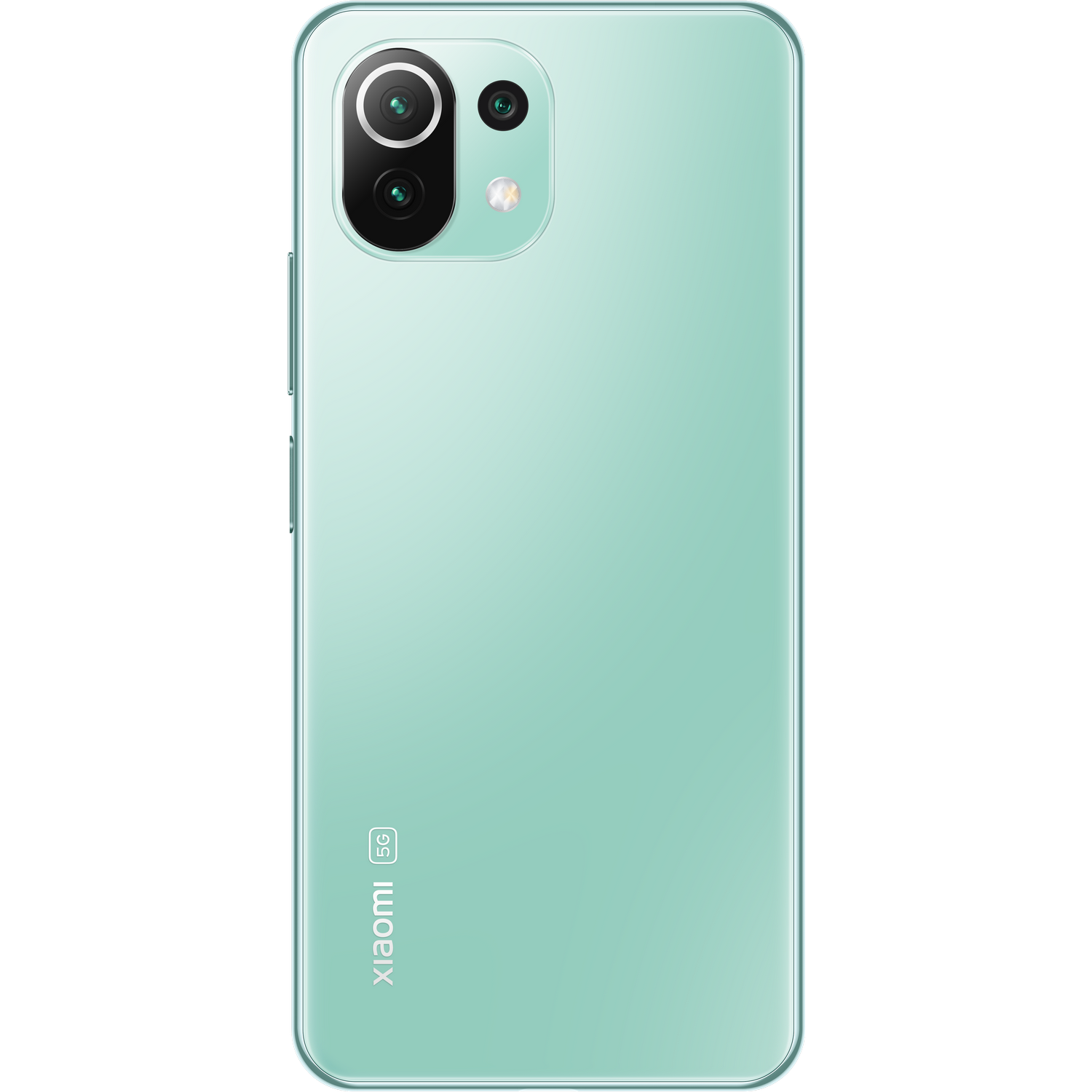 Teléfono Xiaomi verde. Cámara dual. Logotipo 5G. Vista trasera. Fondo blanco.
