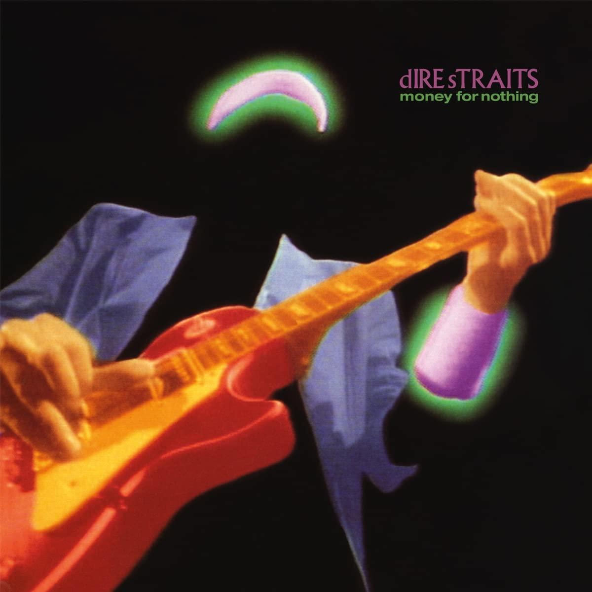 Album borító: Dire Straits, Money for Nothing. Gitáros piros gitáron játszik. Neon művészet.