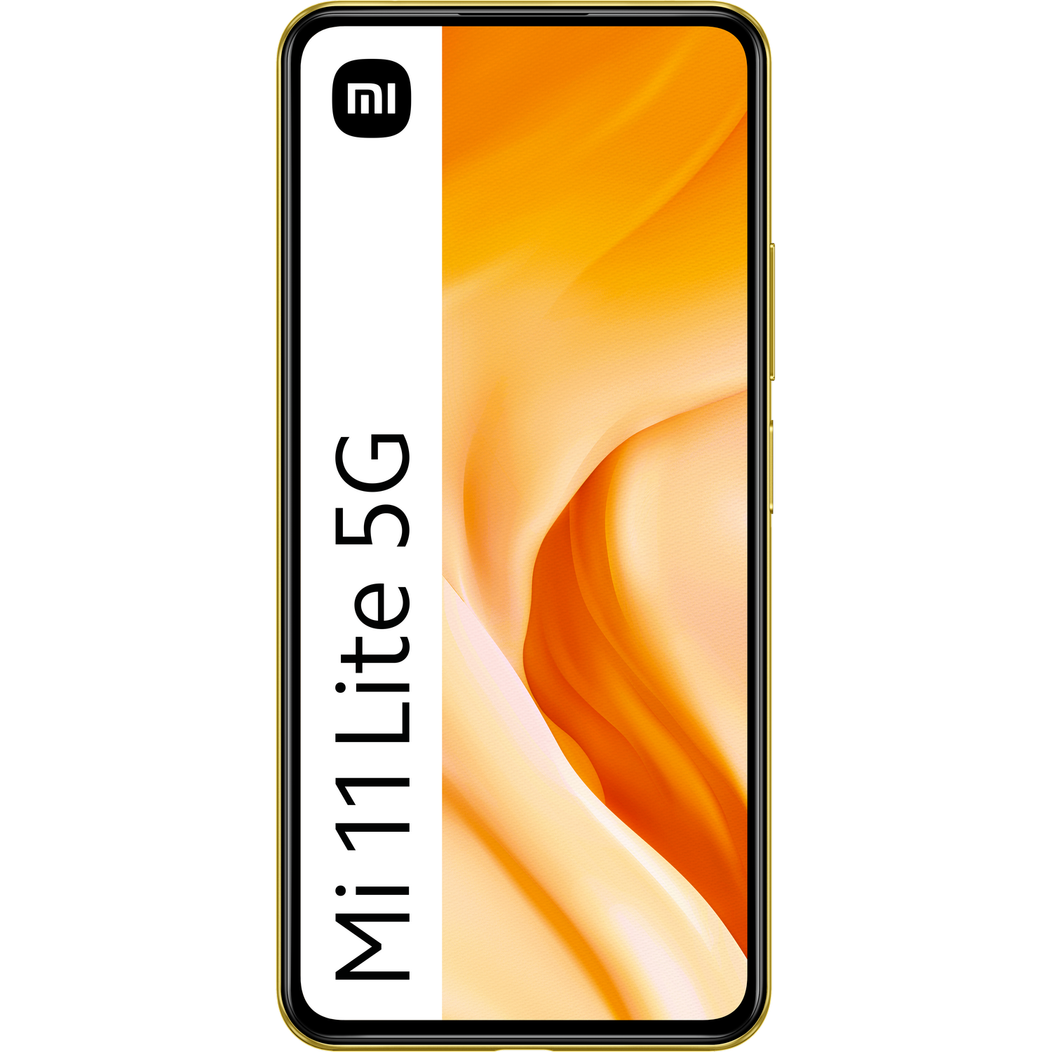 Teléfono Mi 11 Lite 5G. Es amarillo con una barra blanca. El teléfono tiene el logotipo de Xiaomi.