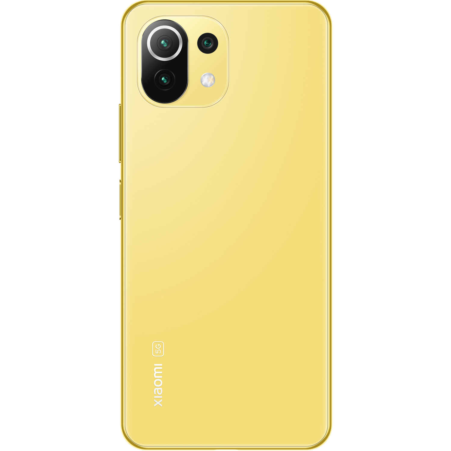 Teléfono amarillo Xiaomi Mi 11 Lite 5G. La parte trasera del teléfono es visible.