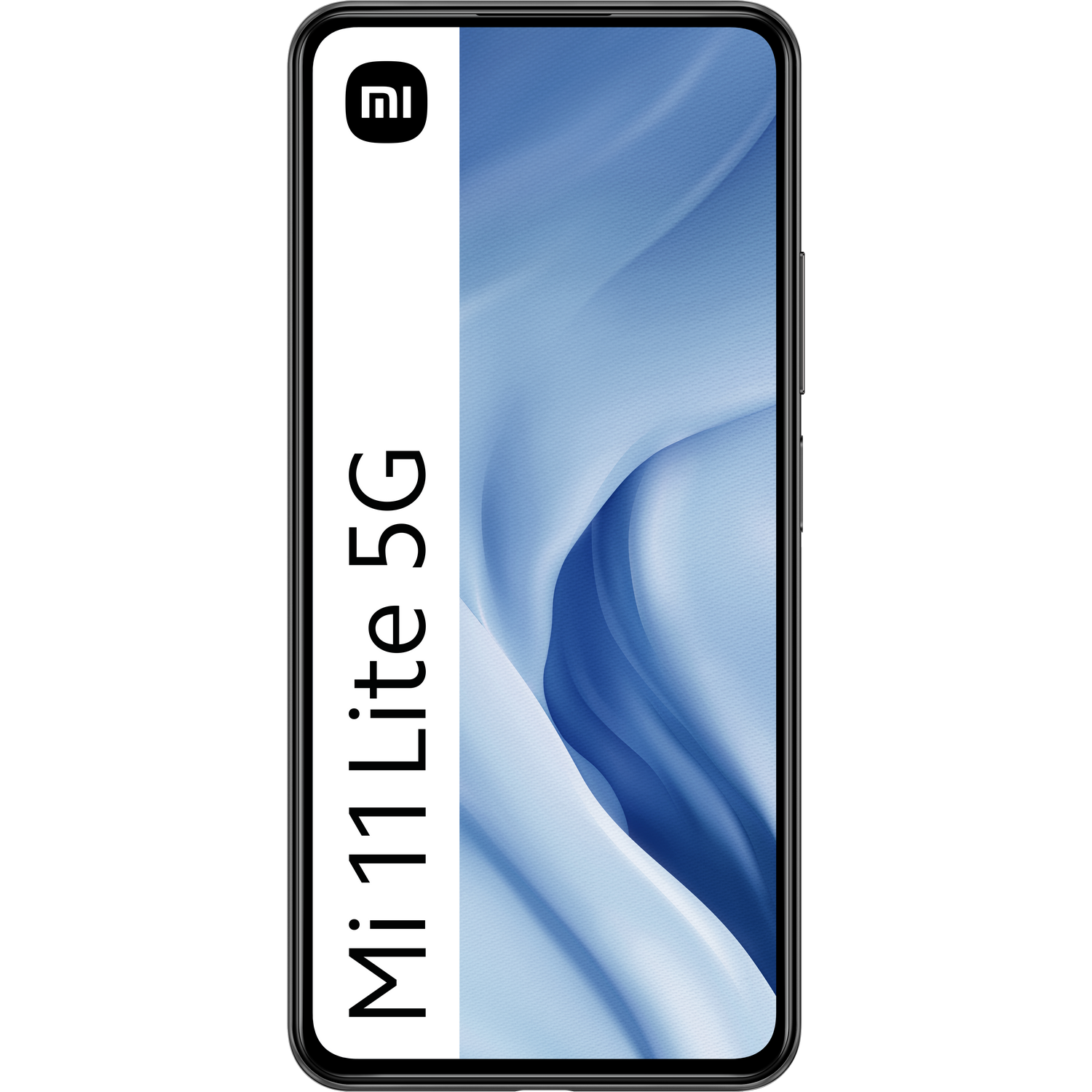 Smartphone negro con texto blanco 'Mi 11 Lite 5G' sobre fondo azul y blanco.