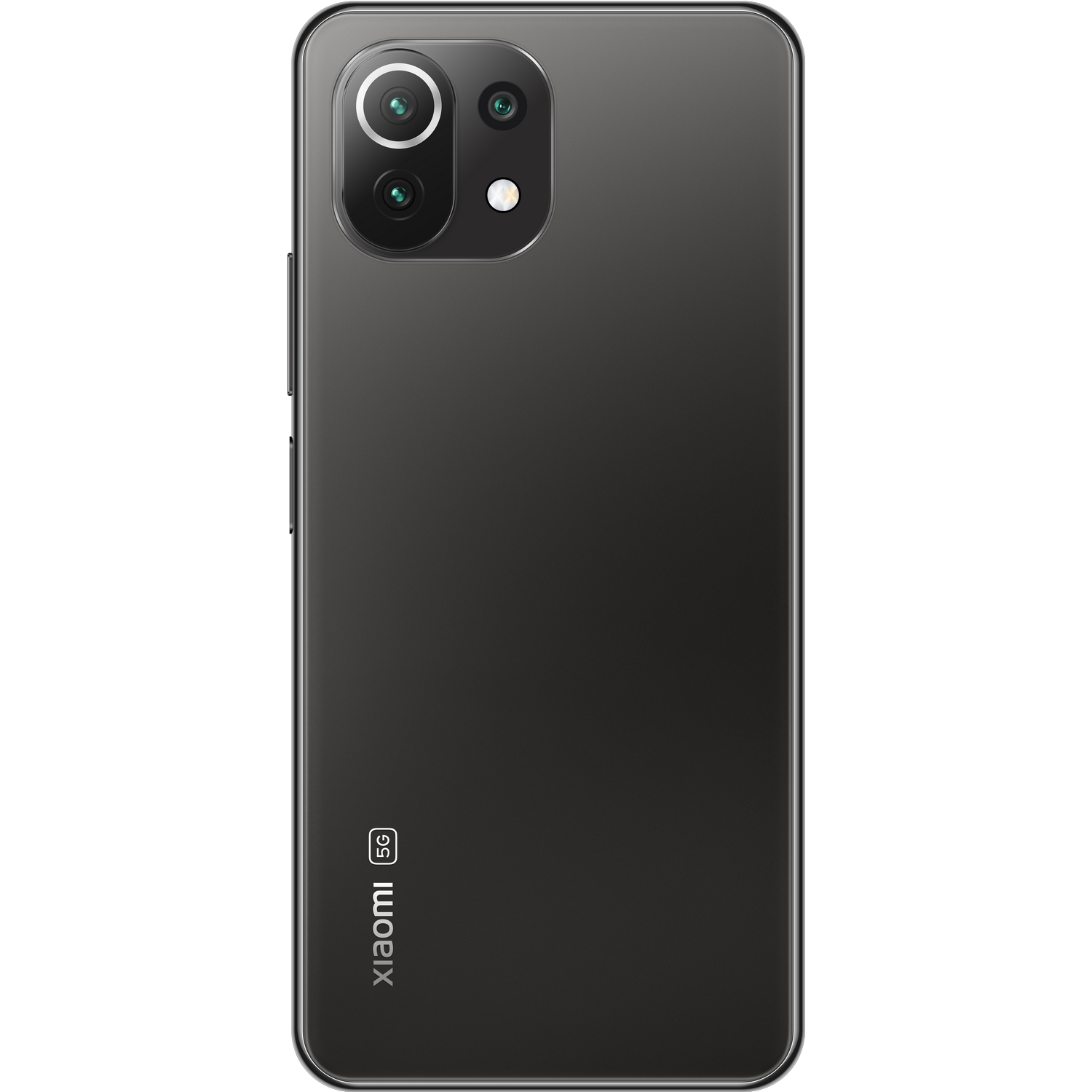 Teléfono Xiaomi 5G negro, vista trasera. Cuenta con cámara doble, con el logo de Xiaomi abajo.