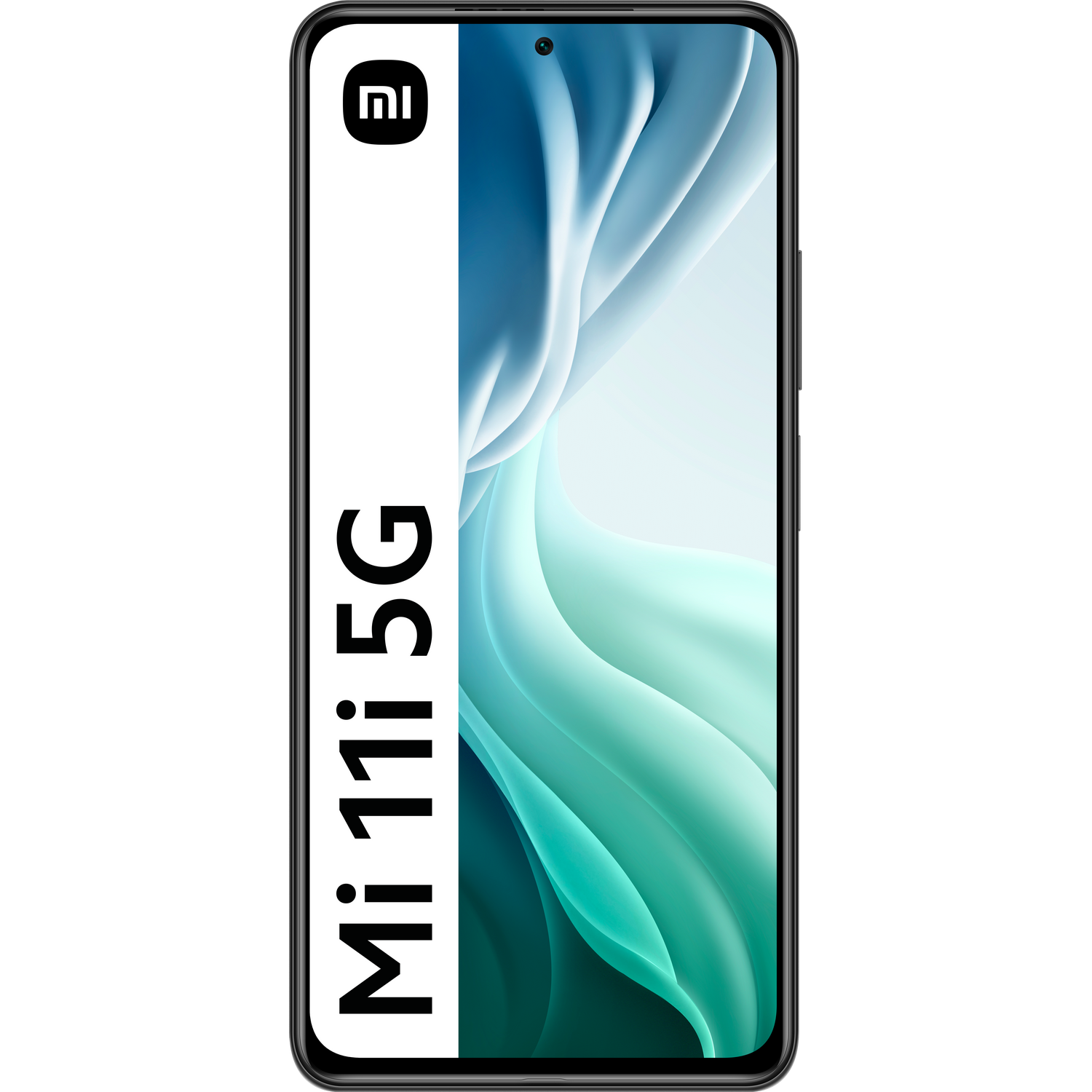 Smartphone Mi 11i 5G. Marco negro, pantalla blanca y azul, logo Mi, sobre fondo blanco.