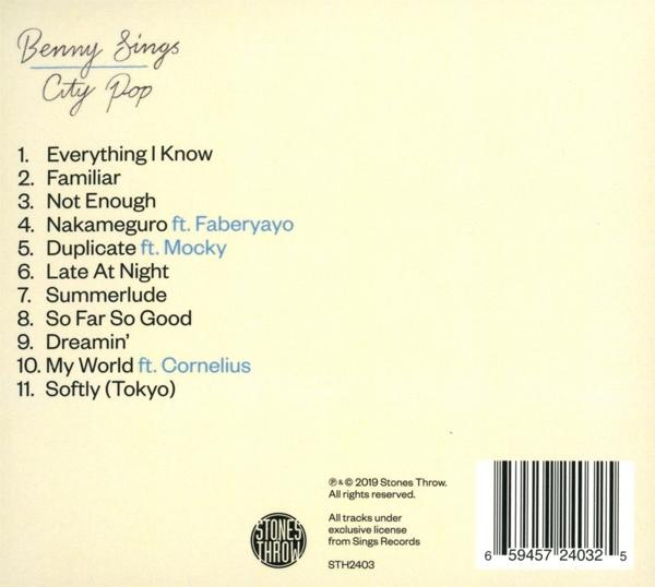 Die Rückseite einer Benny Sings City Pop CD-Hülle mit Titelliste und Infos.