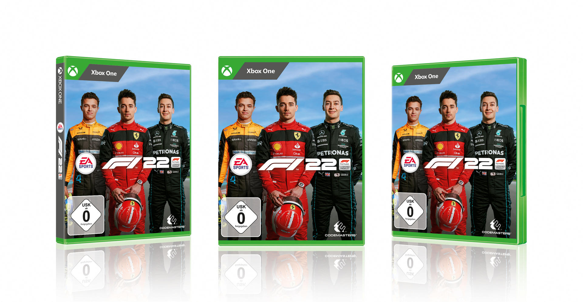 F1 2022 Spielboxen mit drei verschiedenen Fahrern auf weißem Hintergrund.