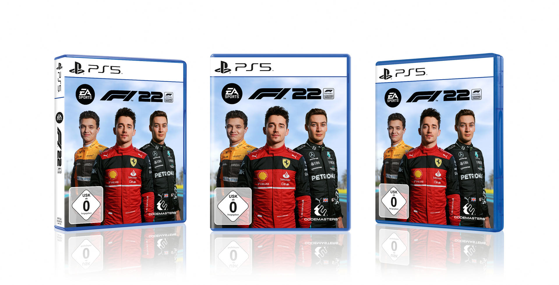 F1 22 Spielboxen angezeigt, drei Exemplare, mit Fahrern auf den Covern.