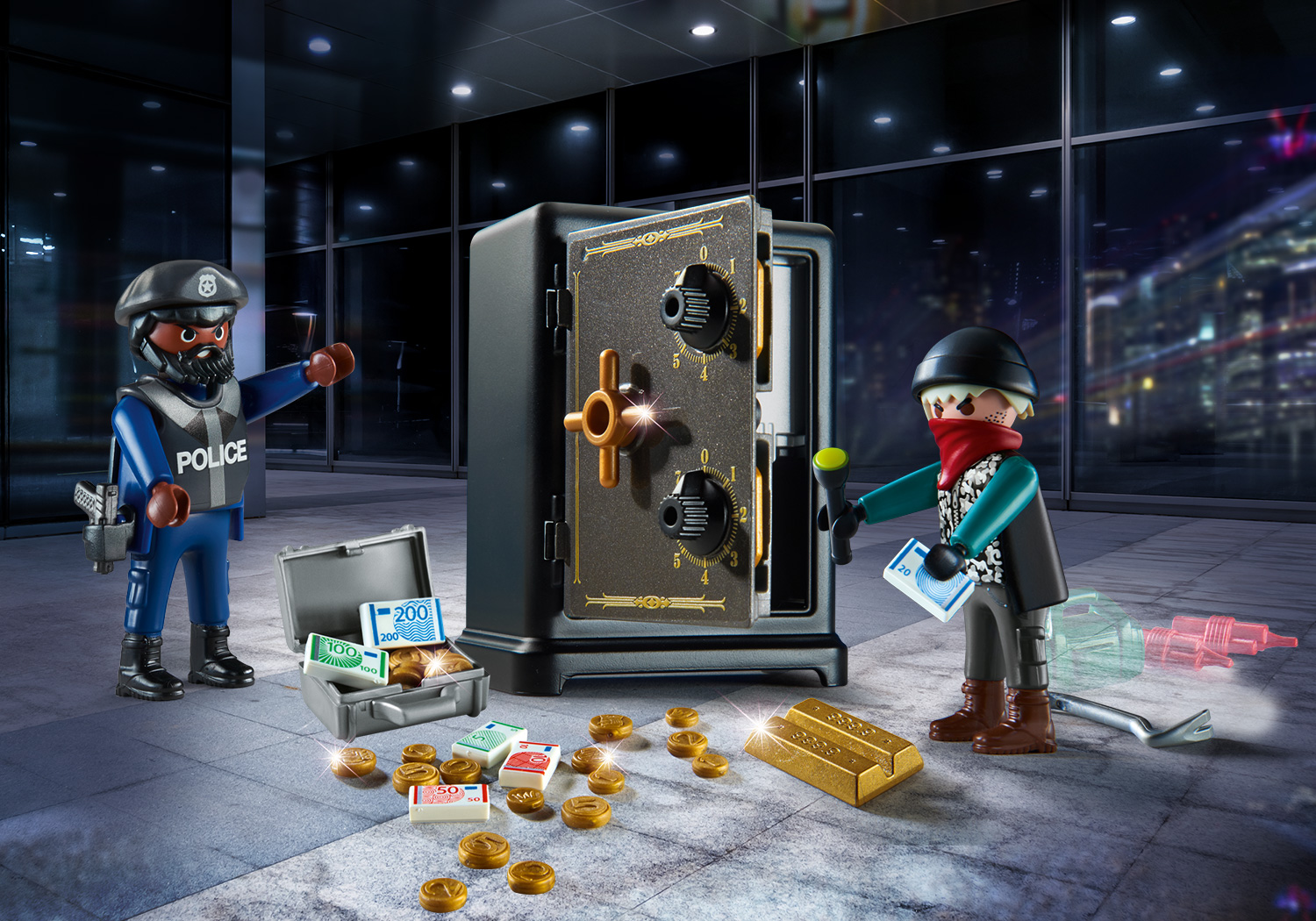 Playmobil-Set mit Polizei, Räuber, Tresor, Geld und Goldbarren.