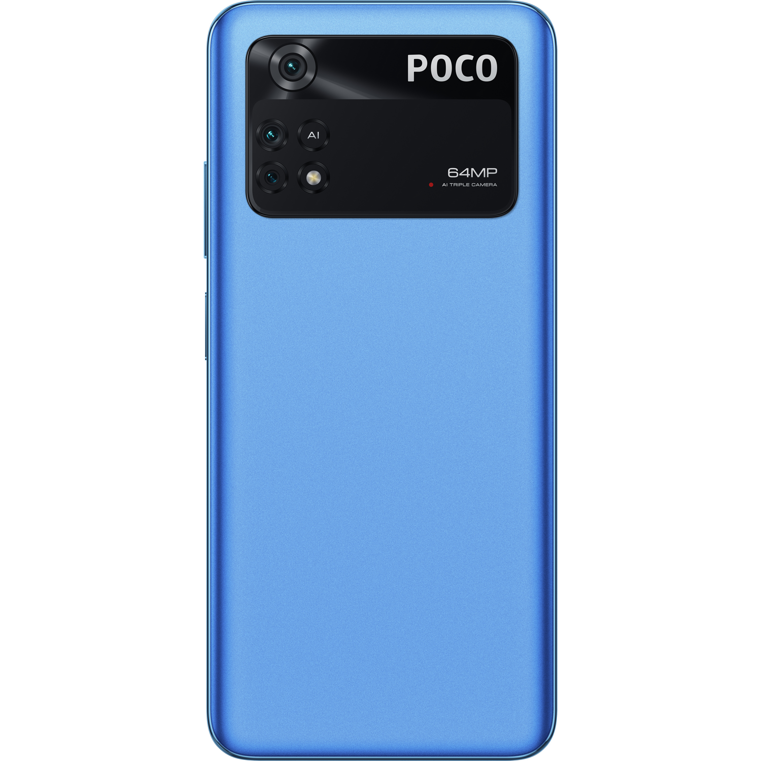 Smartphone POCO azul con conjunto de cámaras. Fondo blanco.