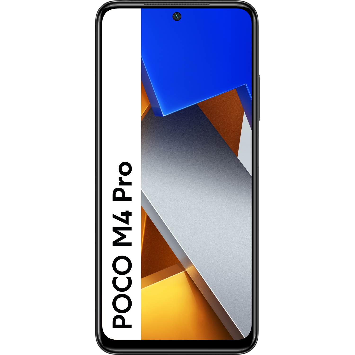 Un teléfono POCO M4 Pro negro, con un diseño blanco y azul en la pantalla. Borde de pantalla negro.