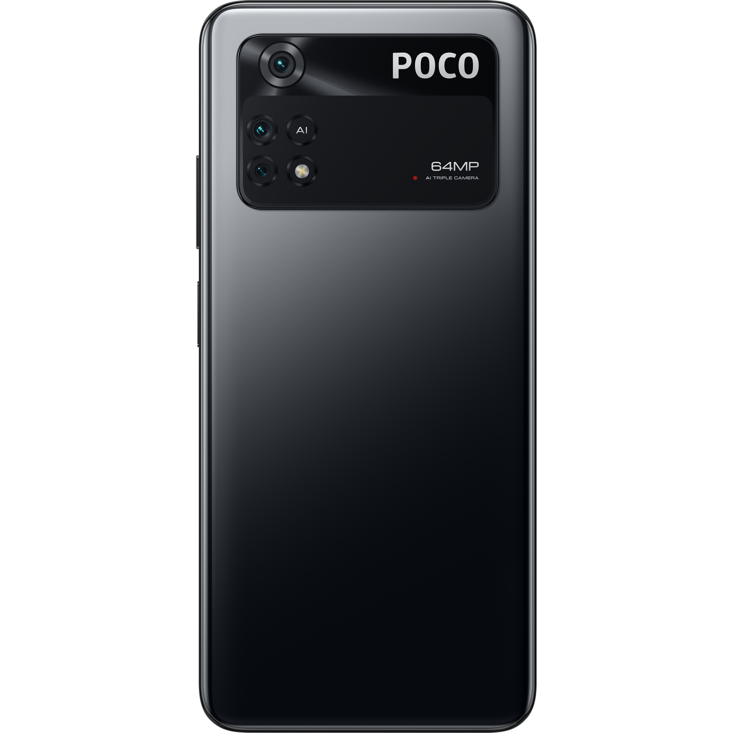 Vista trasera del teléfono POCO negro, con conjunto de cámaras y texto 64MP.