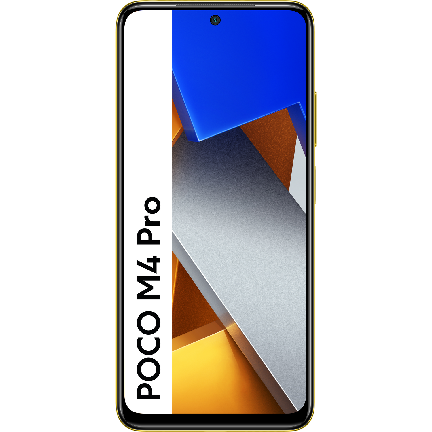 Un teléfono inteligente con un marco amarillo y una pantalla que muestra formas abstractas azules, blancas y doradas, etiquetado POCO M4 Pro.