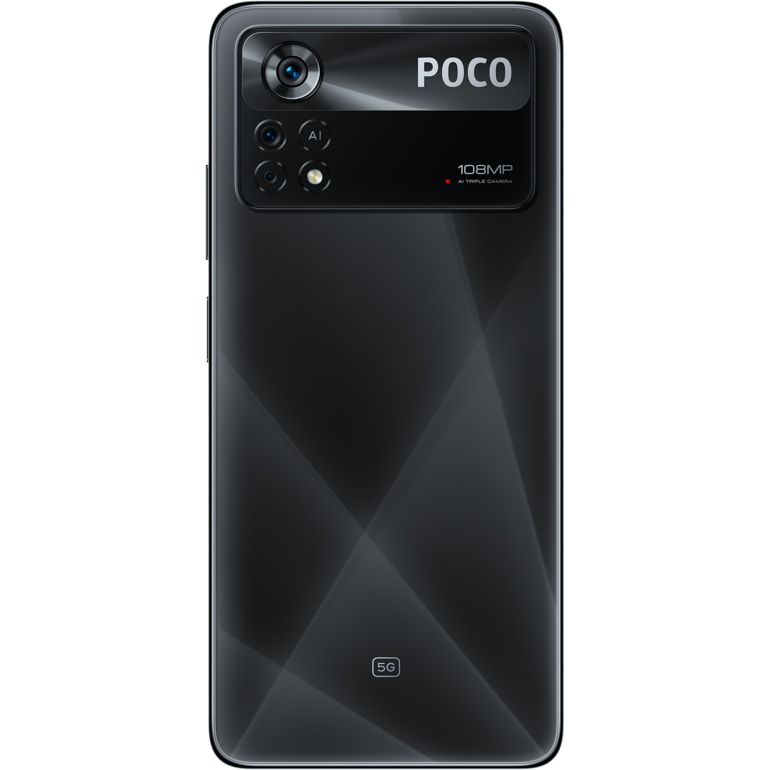 Parte trasera del teléfono negro Poco X4 Pro 5G. Módulo de cámara arriba con texto POCO y 108MP.