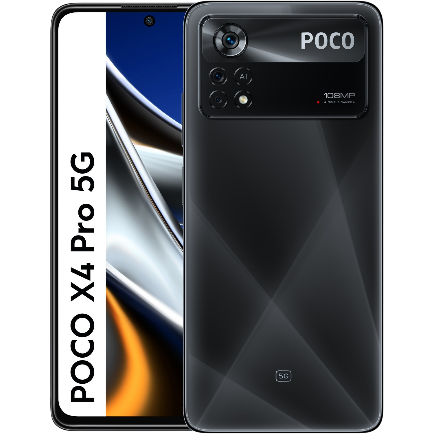 Teléfono negro Poco X4 Pro 5G, frontal mostrando pantalla, trasera mostrando cámara.