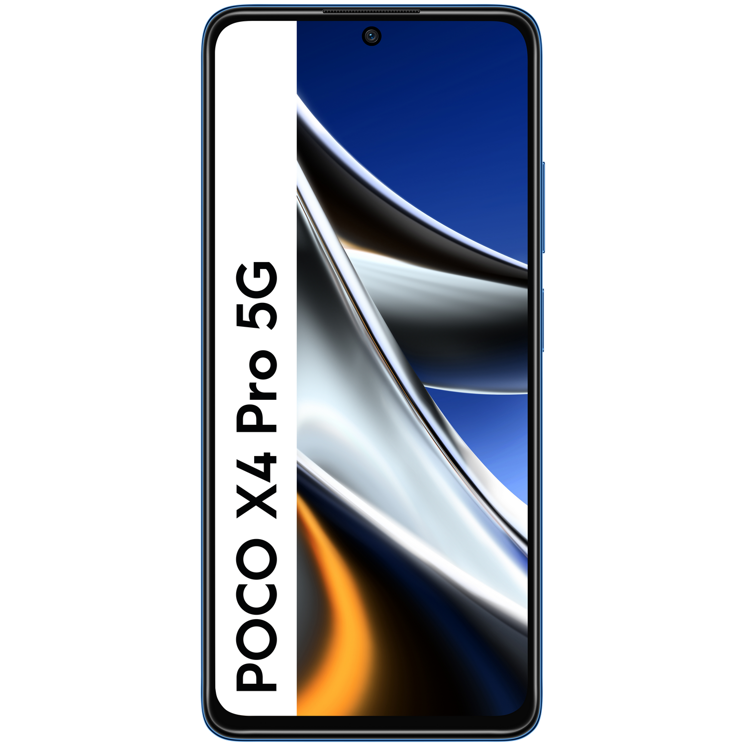 Un teléfono Poco X4 Pro 5G con texto a la izquierda. El teléfono es azul y negro con cámara y pantalla.