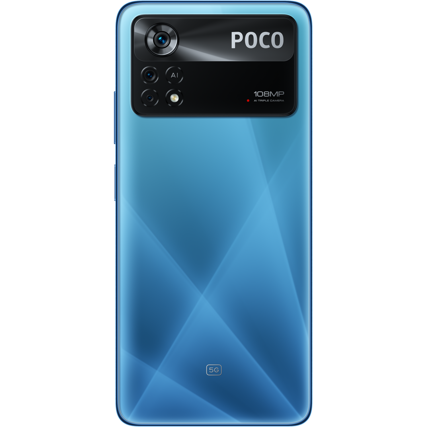 Teléfono azul Poco X4 Pro 5G. Tiene un módulo de cámara negro en la parte trasera.