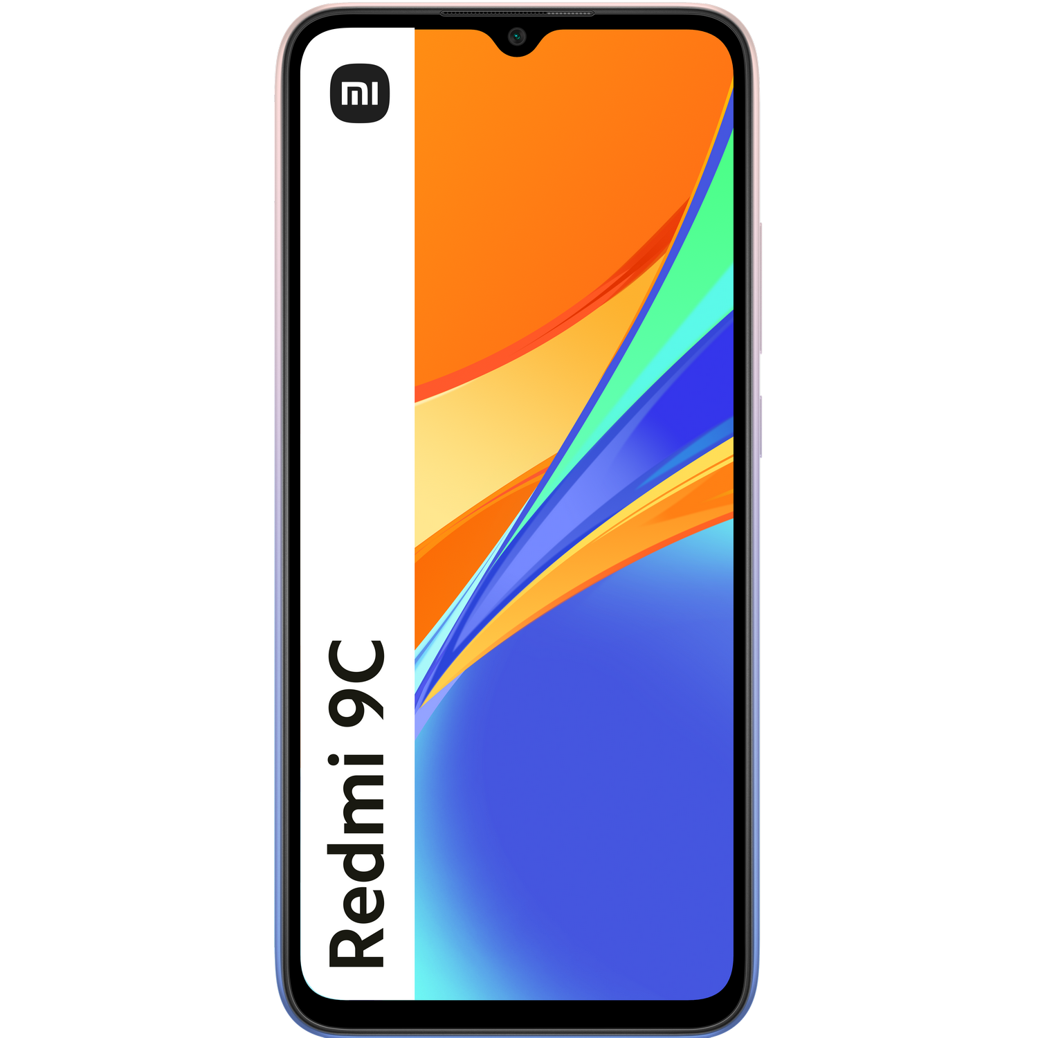 Smartphone Redmi 9C, vista superior, con degradado naranja y azul vibrante.