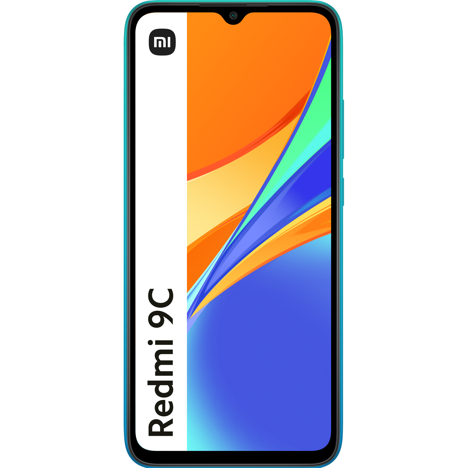 Smartphone Redmi 9C con diseño naranja y azul en la pantalla.