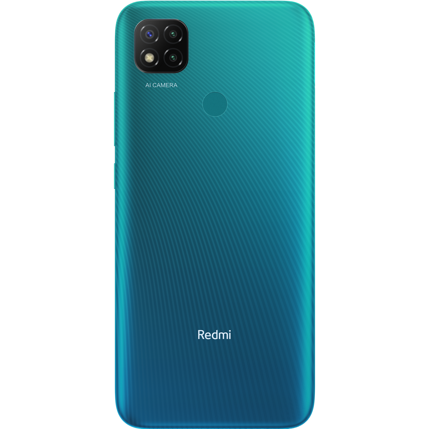 Parte trasera de smartphone turquesa con cámaras, texto AI camera y logo Redmi.