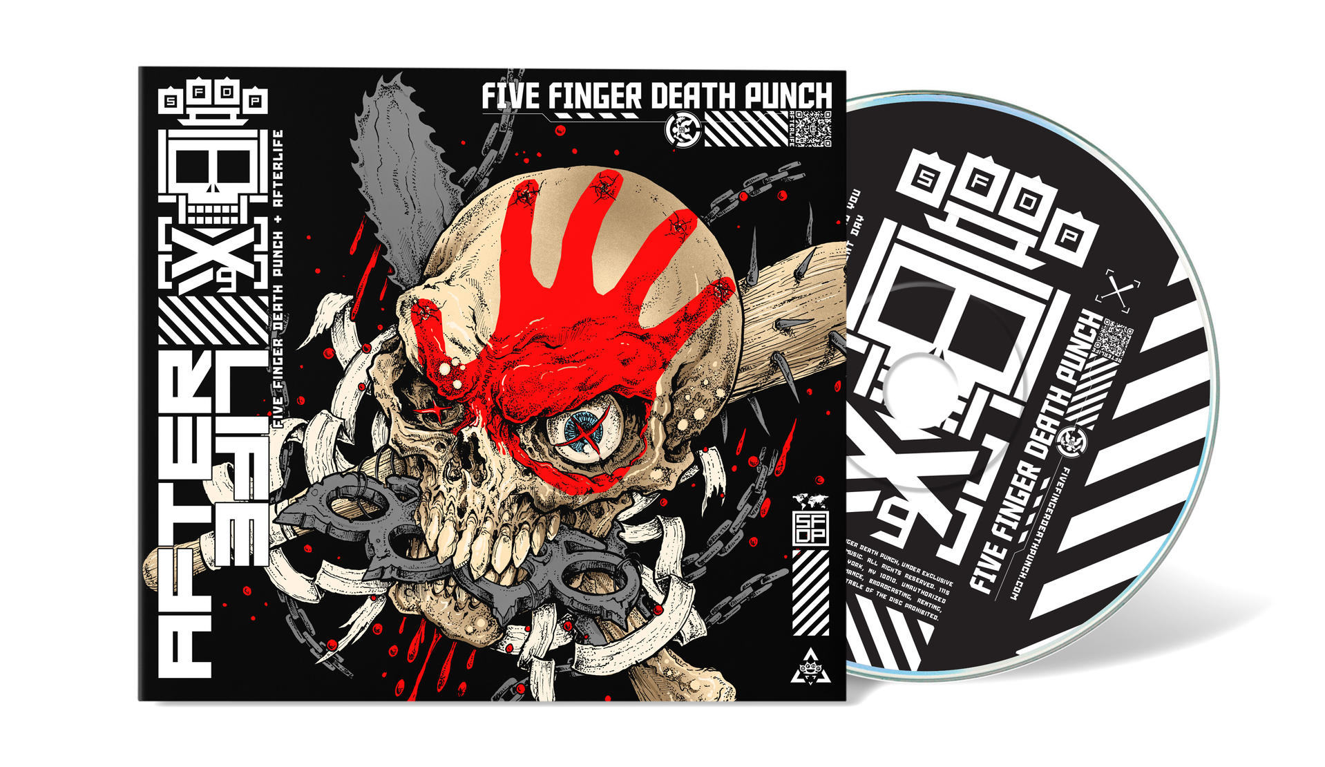 Albumcover mit Totenkopf, Hand und Bandname.