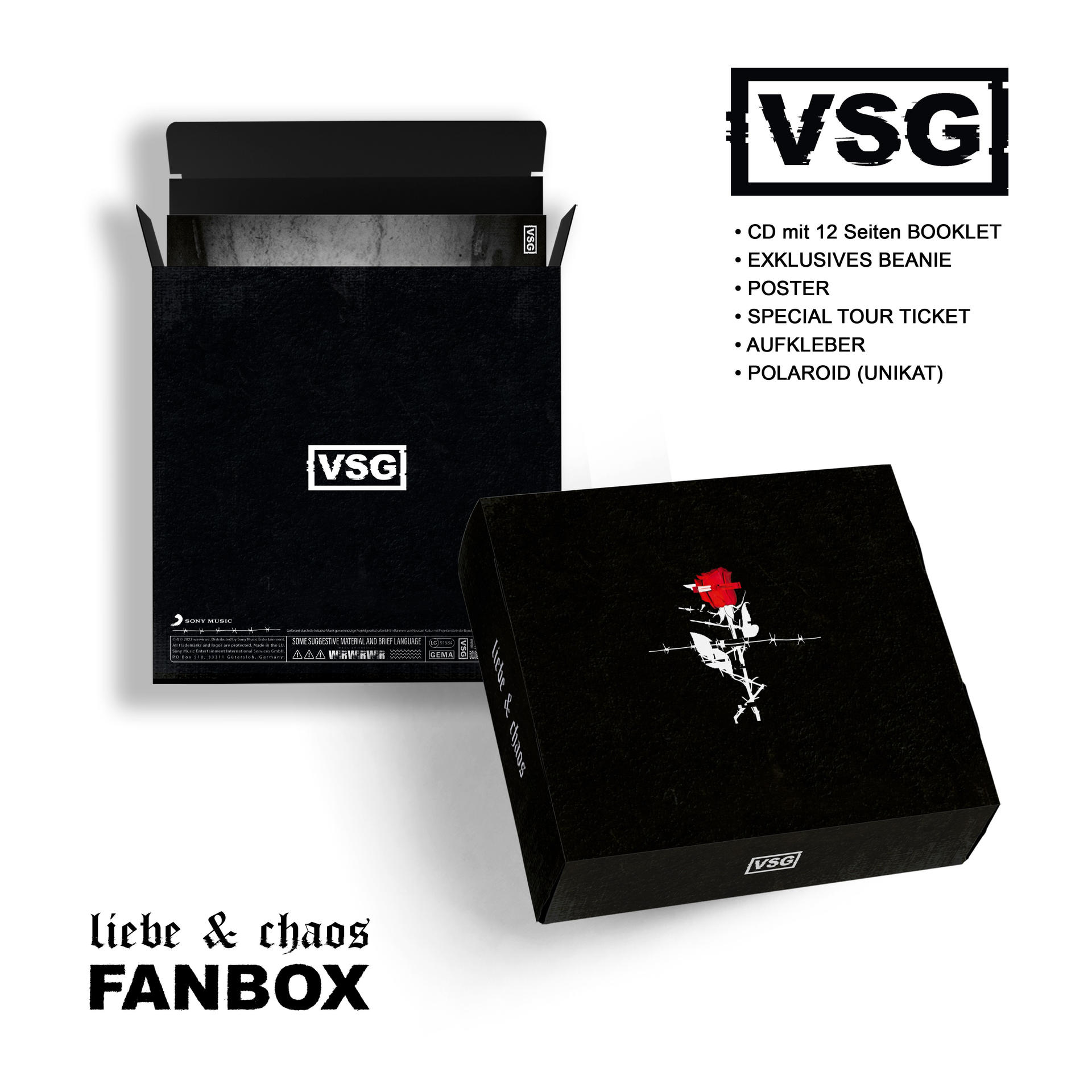 Schwarzes VSG Box-Set mit roter Rose. Enthält CD, Booklet, Mütze, Poster, Tourticket, Aufkleber.