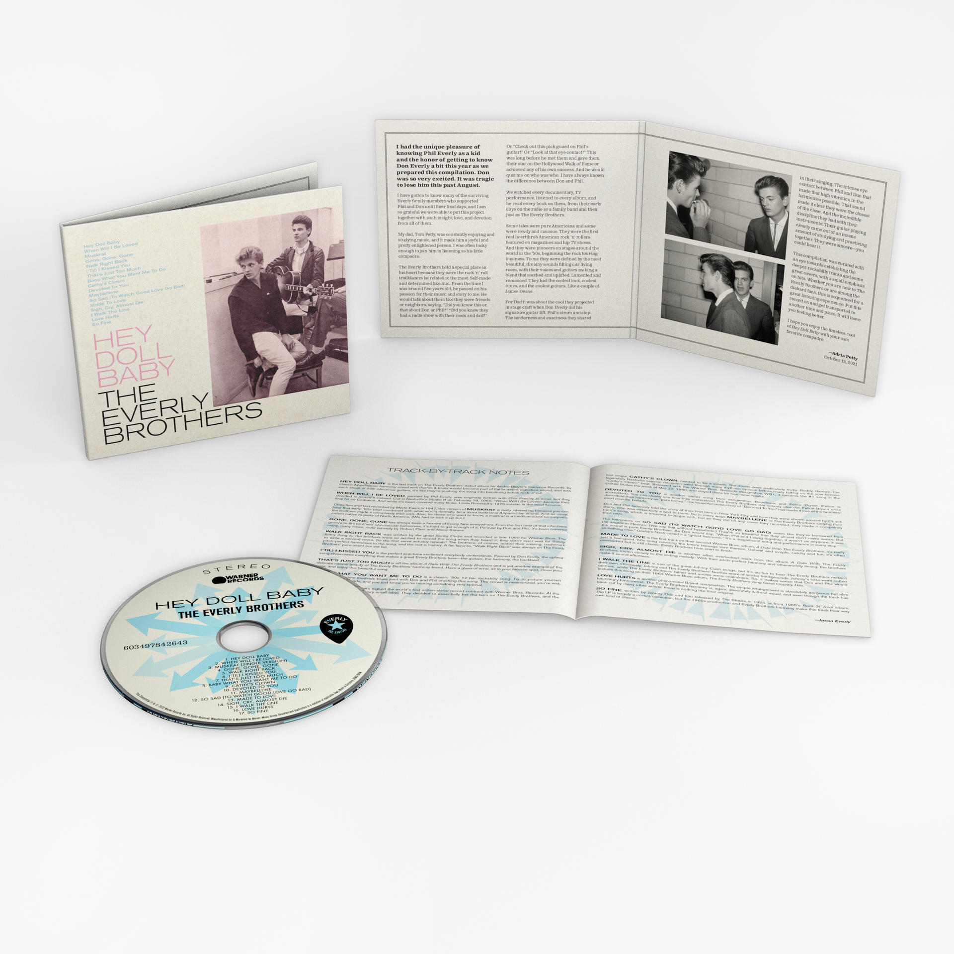Das Albumcover und die CD der Everly Brothers mit weißem Hintergrund. Album ist offen.