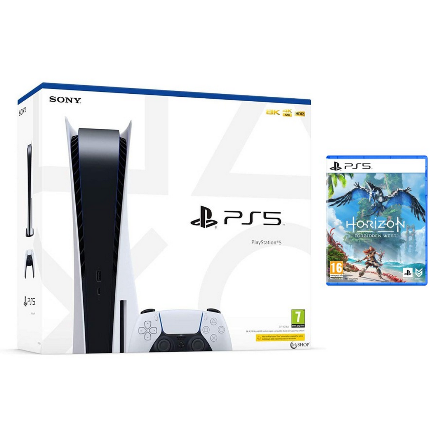 Consola PS5 con caja de juego y mando sobre superficie blanca.