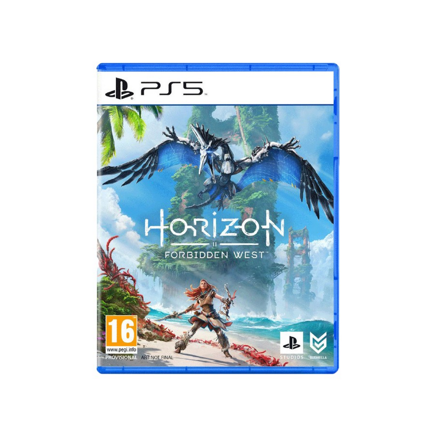 Caja del juego PS5 de Horizon Forbidden West, con mujer con arco y criatura.