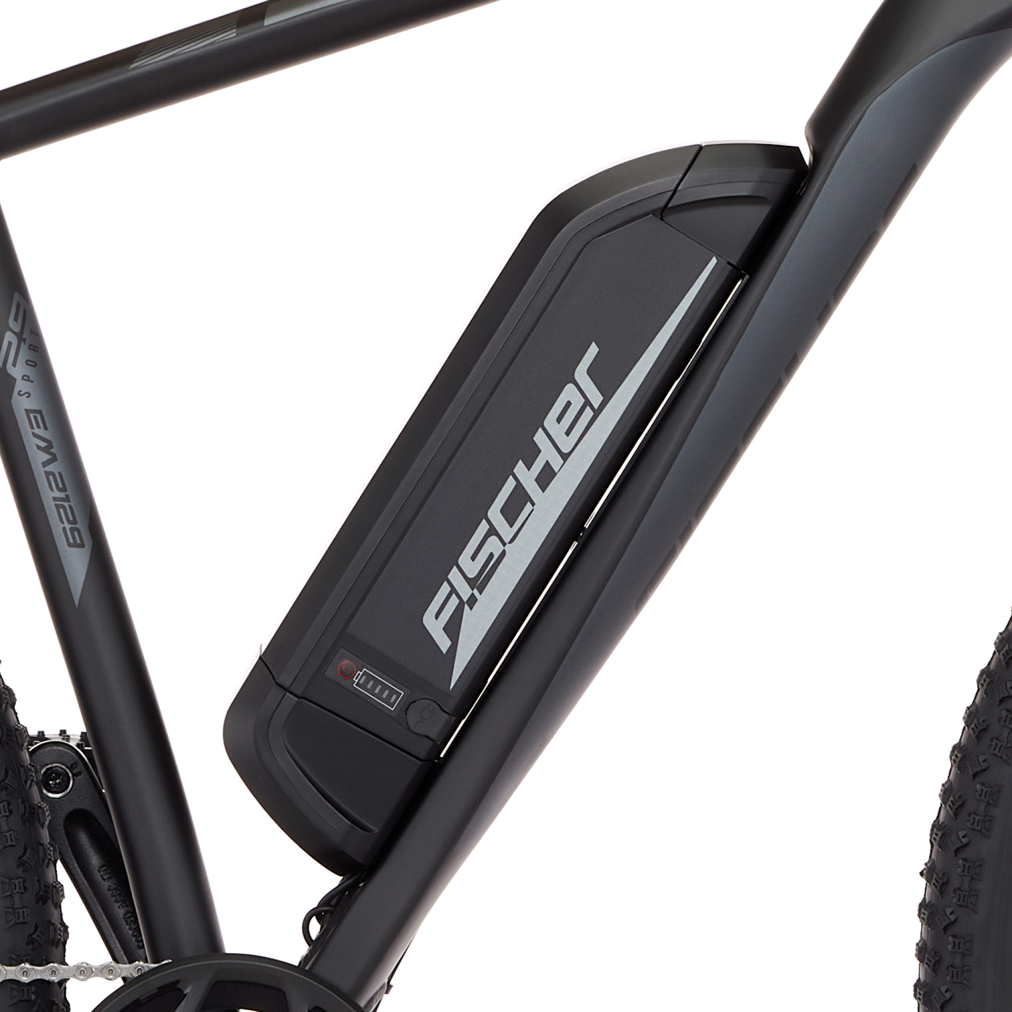 Schwarzer E-Bike-Akku am Rahmen montiert, mit dem FISCHER-Logo.