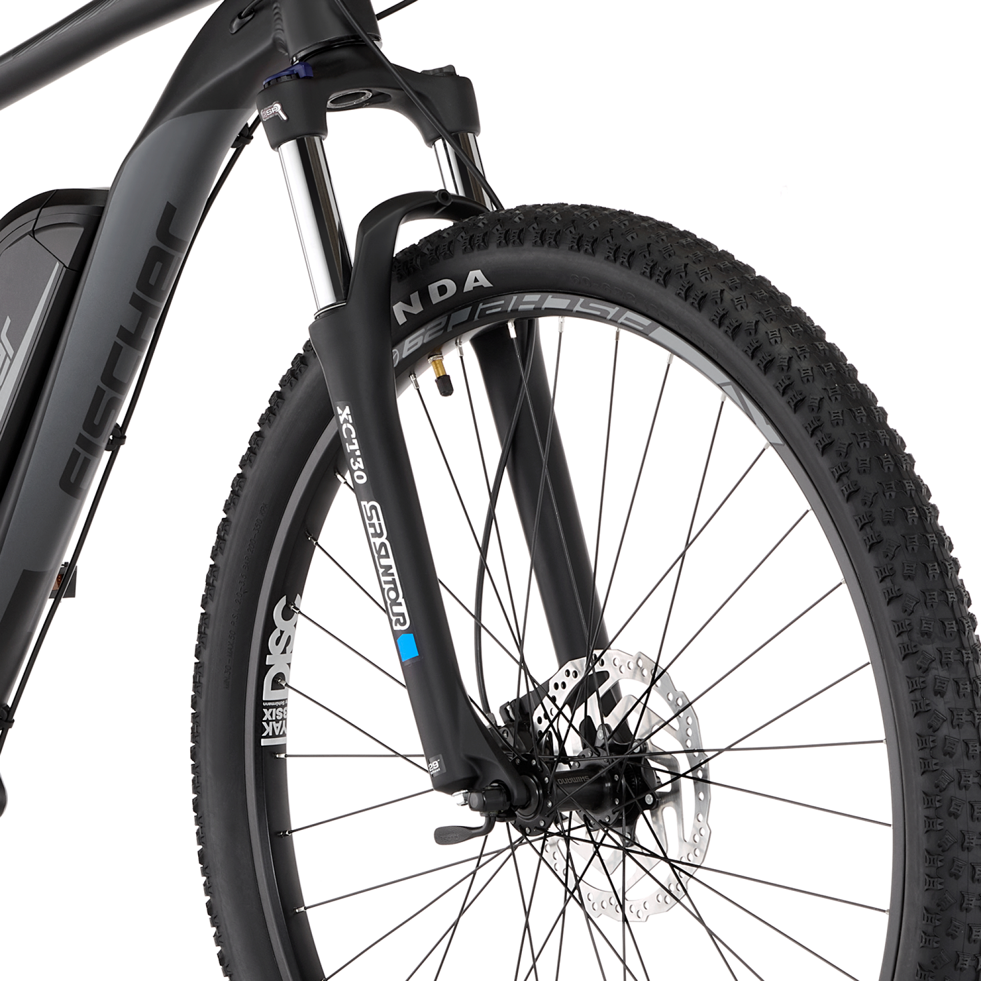 Schwarzes Mountainbike-Rad und Gabel. Vorderansicht. Weißer Hintergrund.