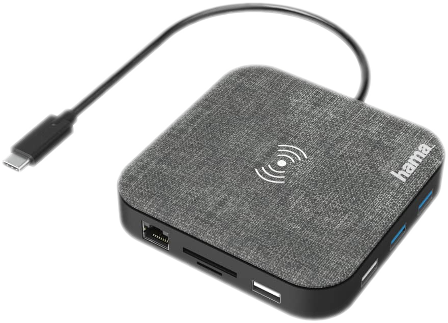 Chargeur sans fil gris avec câble USB-C. Logo Hama visible. Dispose de plusieurs ports USB.