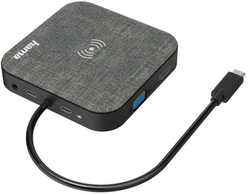 Un adaptateur multiport gris avec un câble USB-C et divers ports sur les côtés.