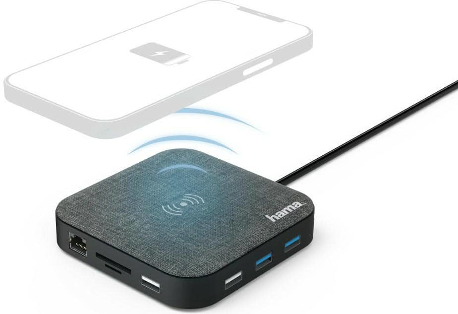 Chargeur sans fil connecté à un téléphone, montrant la charge. D'autres ports sont visibles.