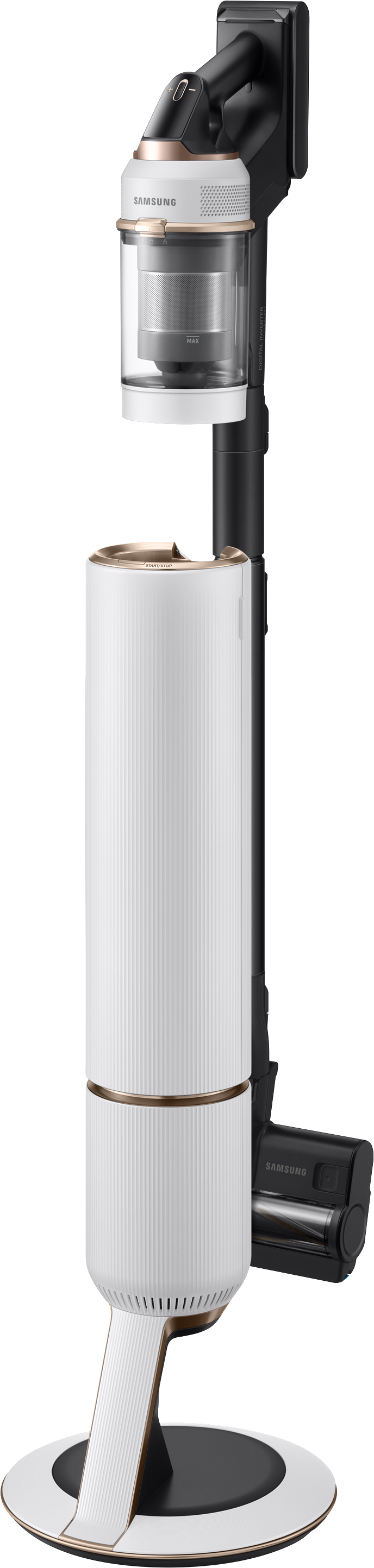 Weißer und goldfarbener kabelloser Staubsauger von Samsung auf weißer Basis. Schwarze Stange mit abnehmbarem Oberteil.