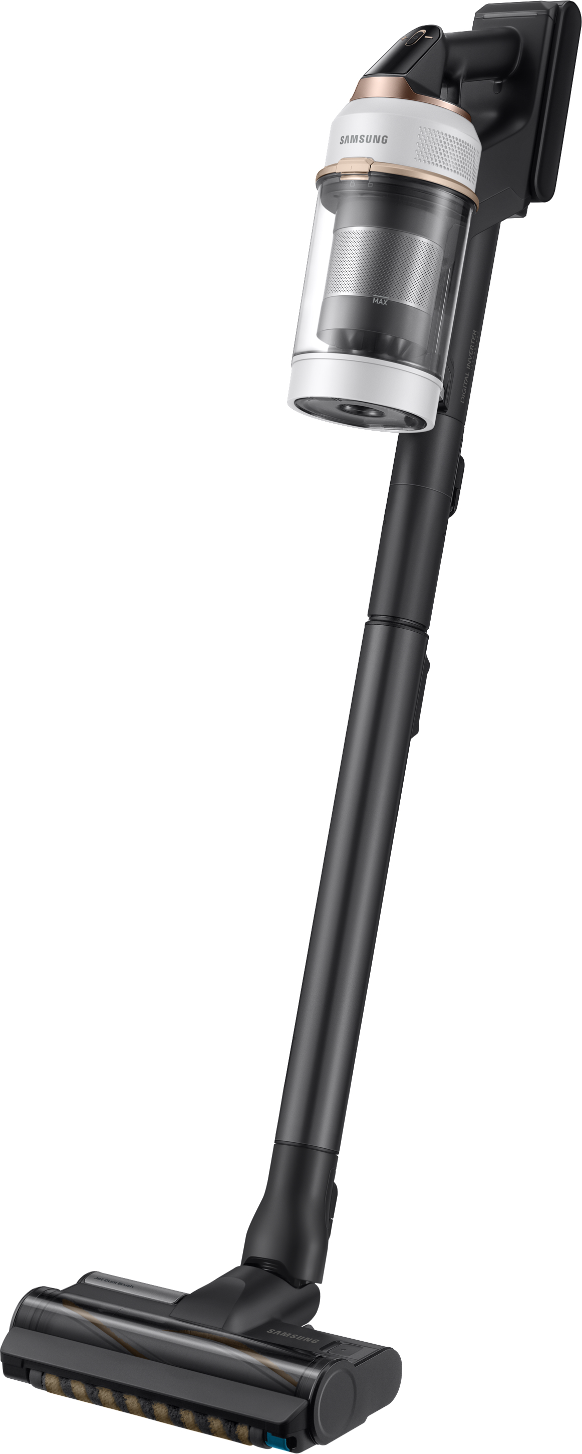 Kabelloser Staubsauger. Schwarz-Silber-Design. Langer Griff, Bürstenkopf.